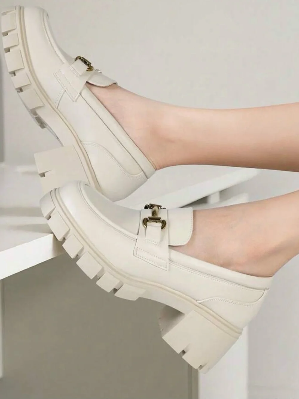 SHEIN Cream Chain-Trim Chunky Loafers